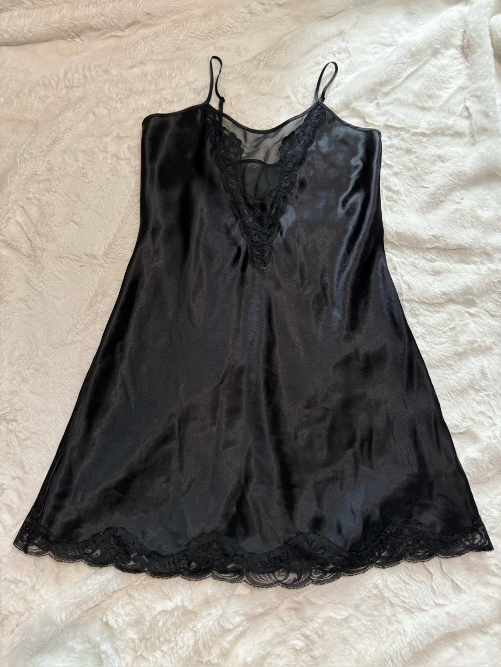 Delicates Black Satin Lace-Detail Chemise